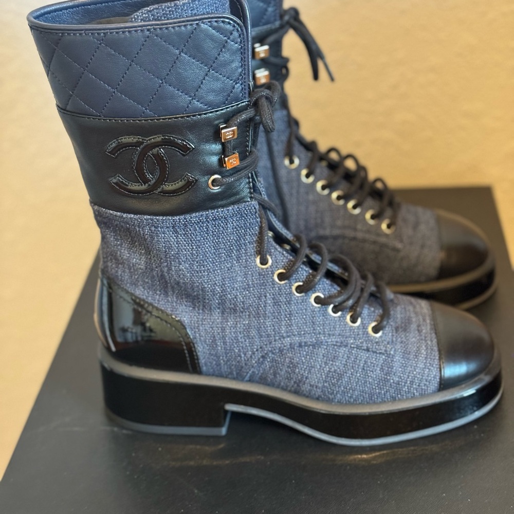 Chanel Lace Up Combat Boot Navy and Black - Picture 2 of 12